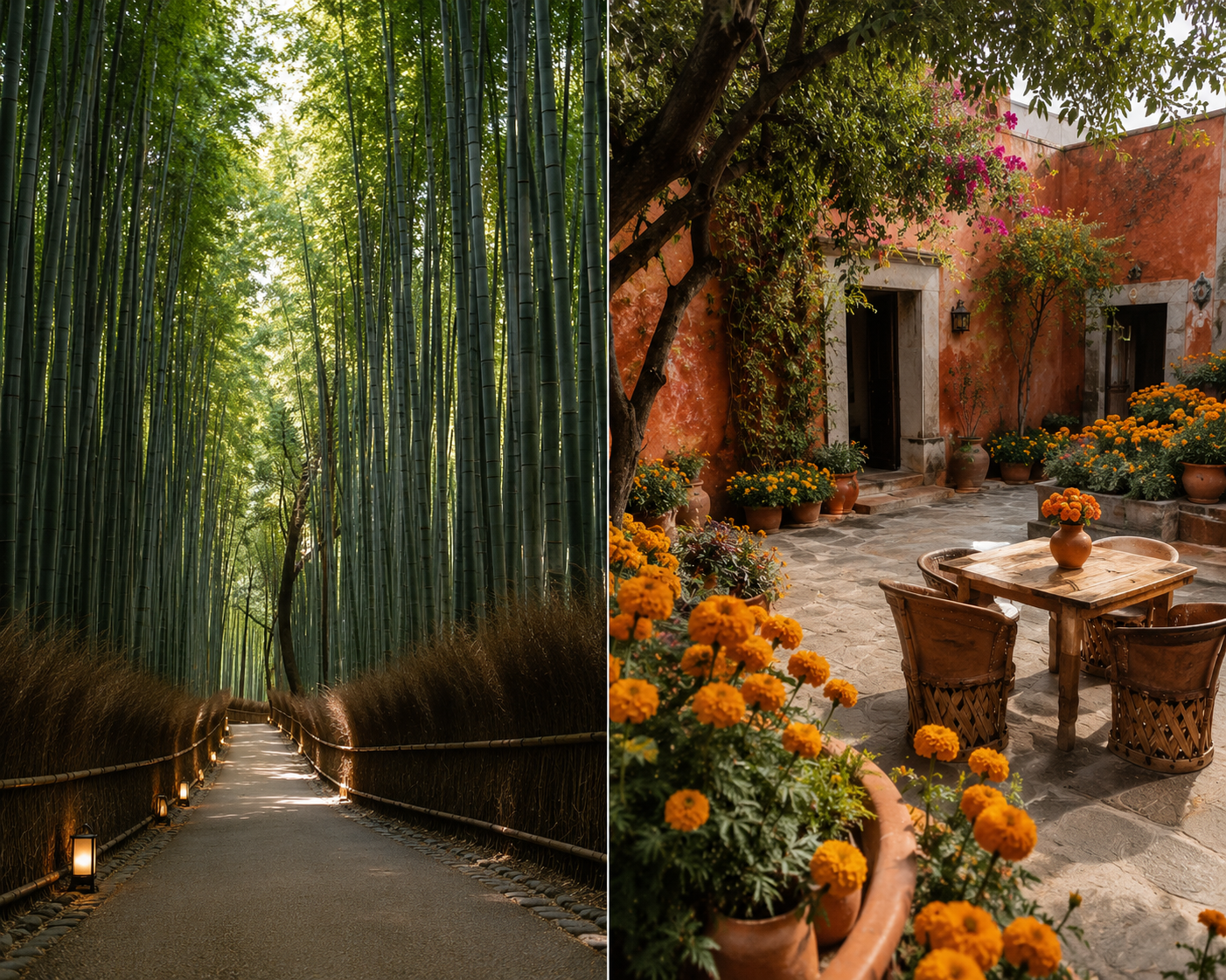 Comparison of a sunlit bamboo forest path in Arashiyama, Kyoto Japan and a courtyard with beautiful marigolds in Oaxaca, Mexico