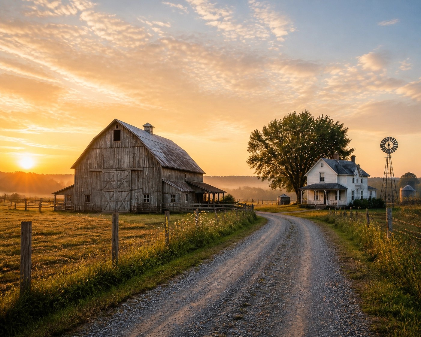  A nostalgic, wide-angle view of a rustic 1940s-style family farm with a weathered barn and rolling fields, capturing the hardworking, simple life of a large family in rural Ohio.