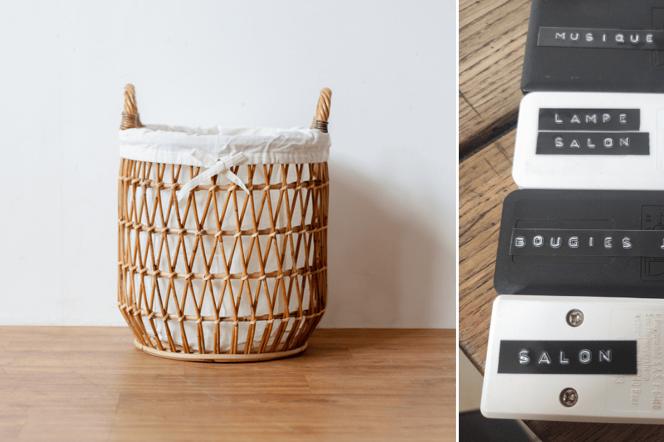 Panier en transit pour objets à ranger plus tard et étiquettes pour identifier facilement les objets du quotidien.