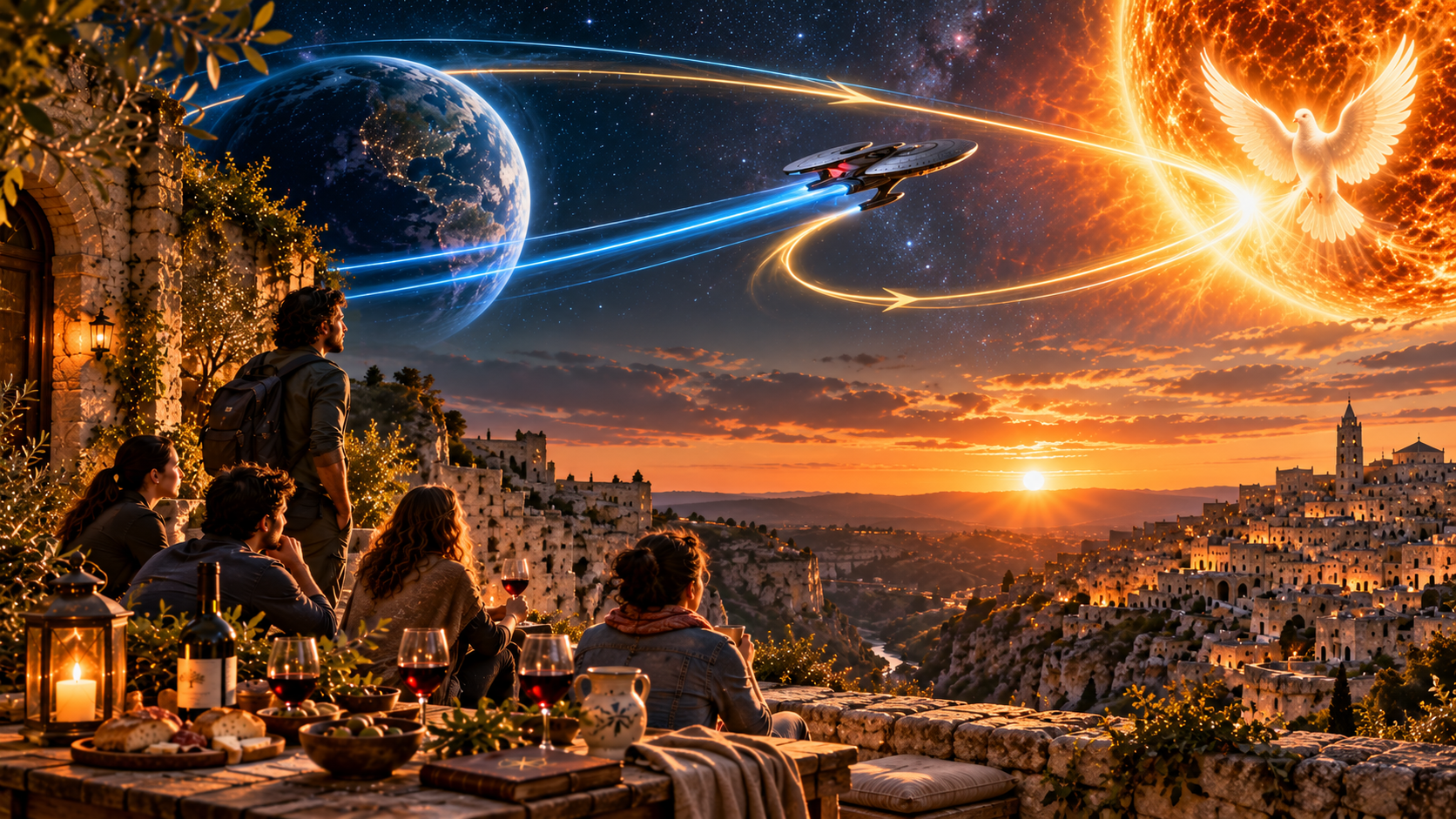 Gravitational slingshot image with the sun rising over Matera
