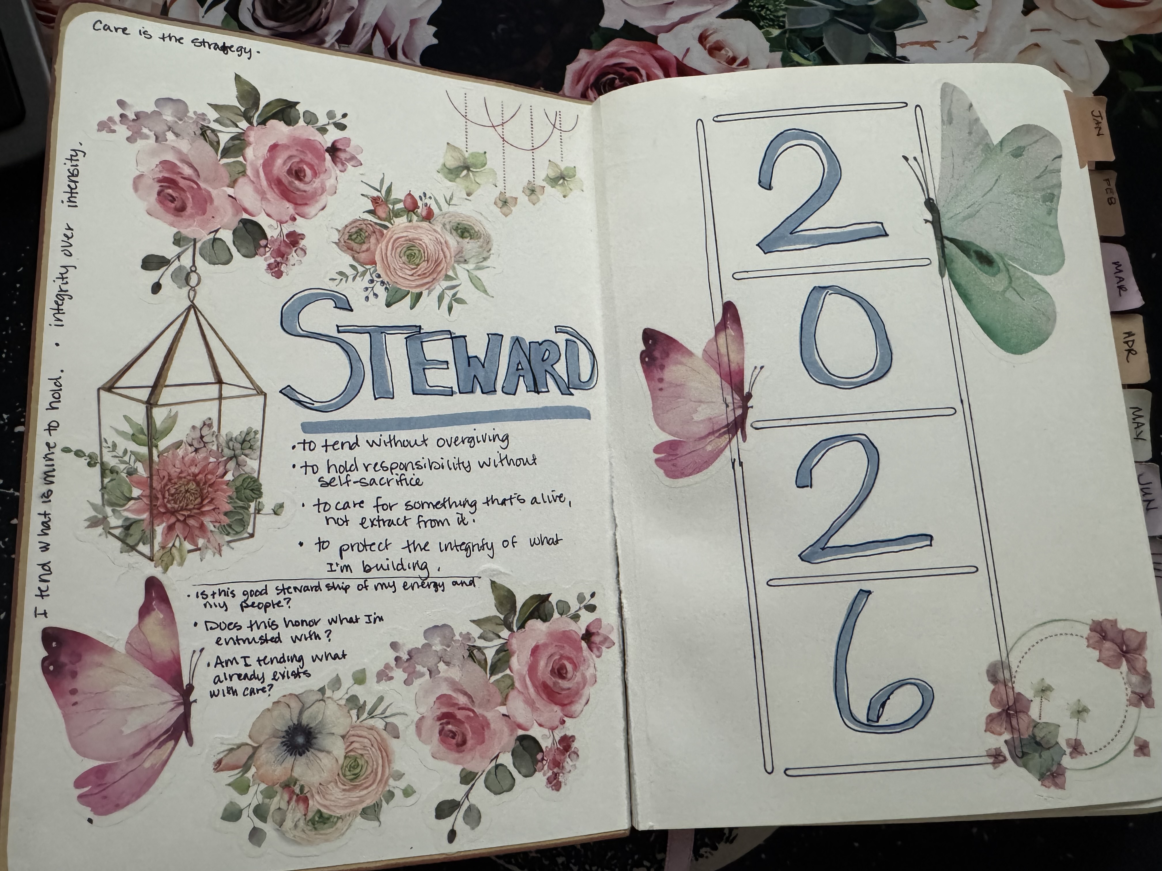 Handwritten journal page reading 'Steward' with the definition to tend without overgiving, part of a business owner's burnout recovery planning