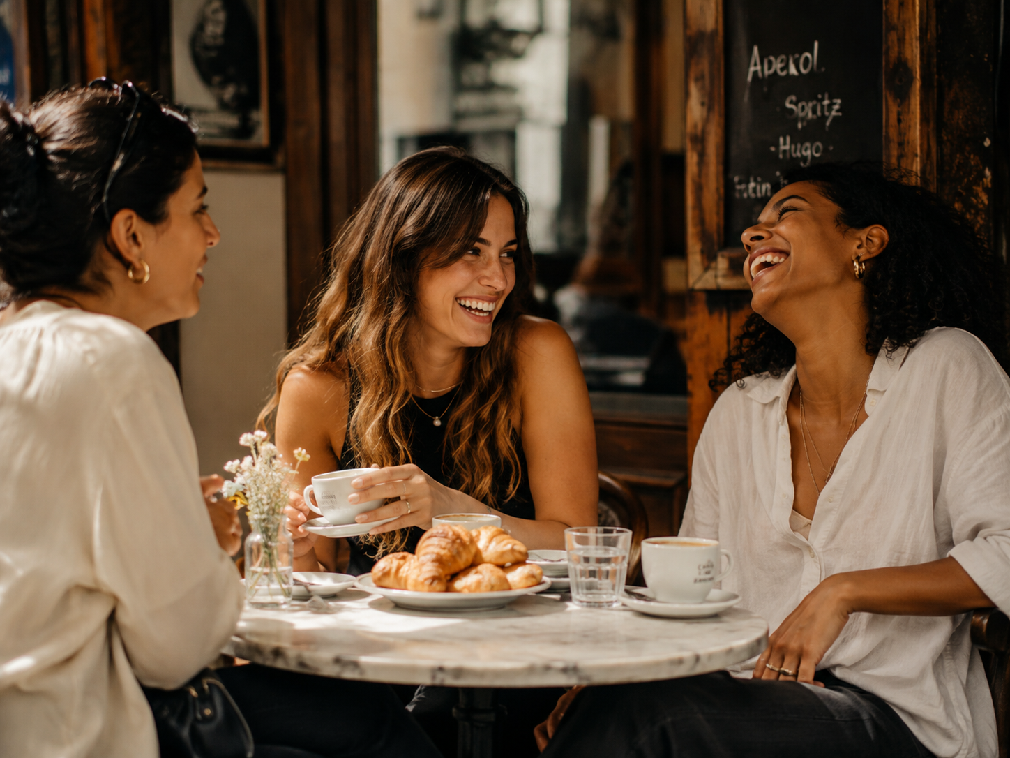 Two women laughing together at an outdoor cafe table during a group trip