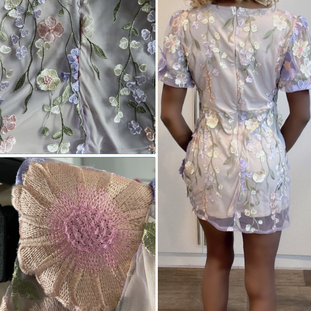 Photo collage showing the poor quality of a floral embroidered dress received from a fast fashion site—featuring thin mesh, loose threads, flat stitching, and inaccurate motifs compared to the original Oscar de la Renta design
