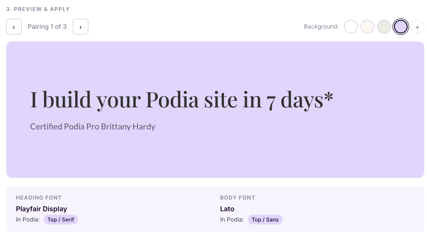 podia font seletor tool with custom brand colour