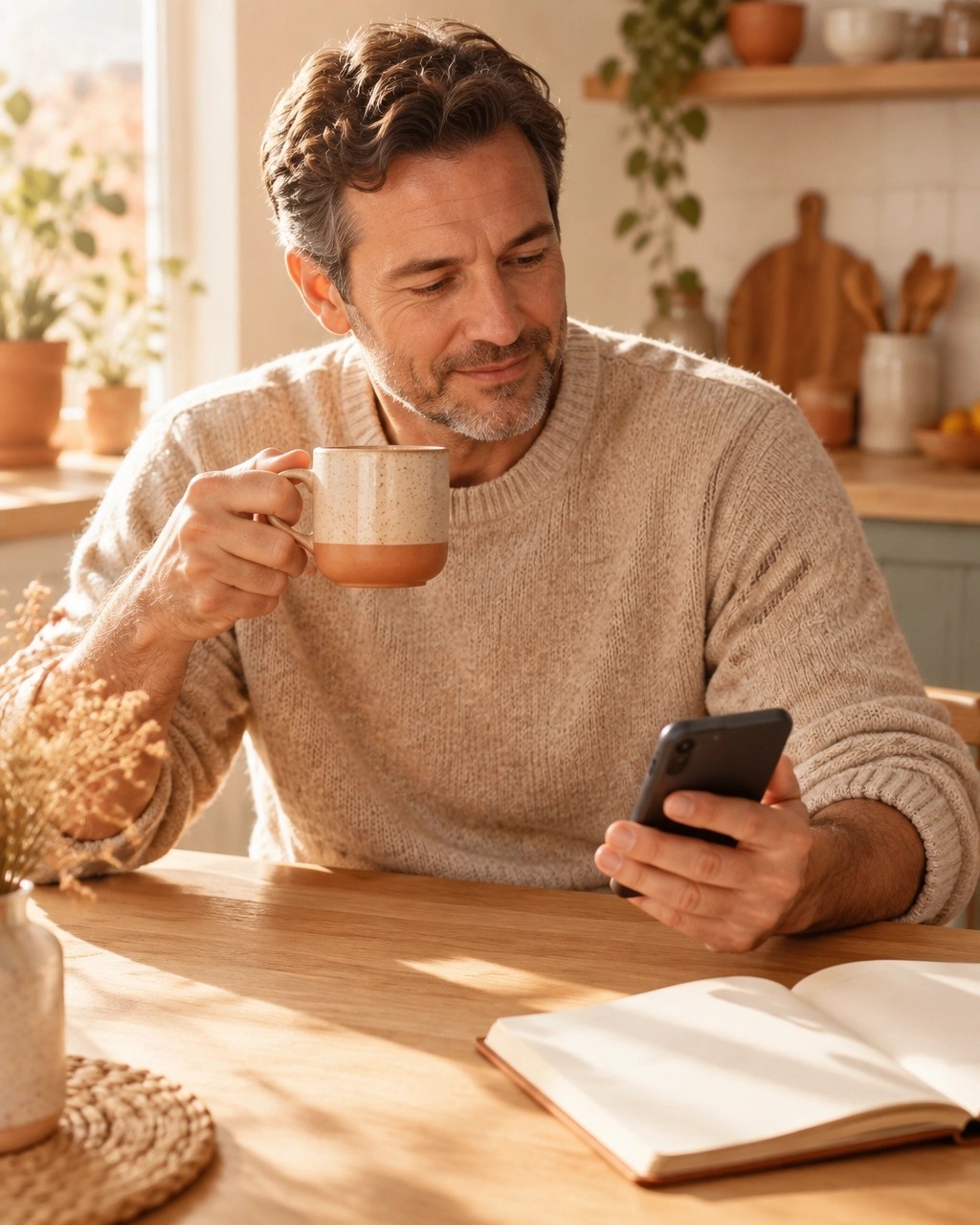 Adult man taking a quiet reflection break with his phone and mug at a warm kitchen table