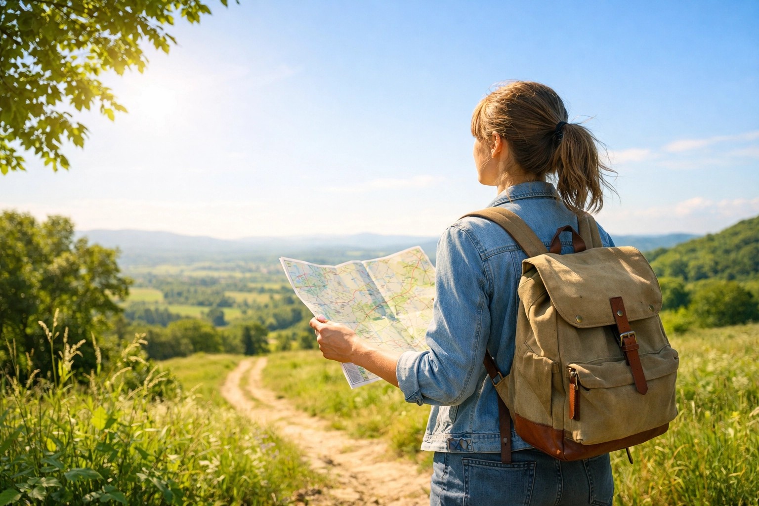 A person looking out over a bright, sunny landscape with a clear path ahead, symbolizing a realistic and hopeful career vision.