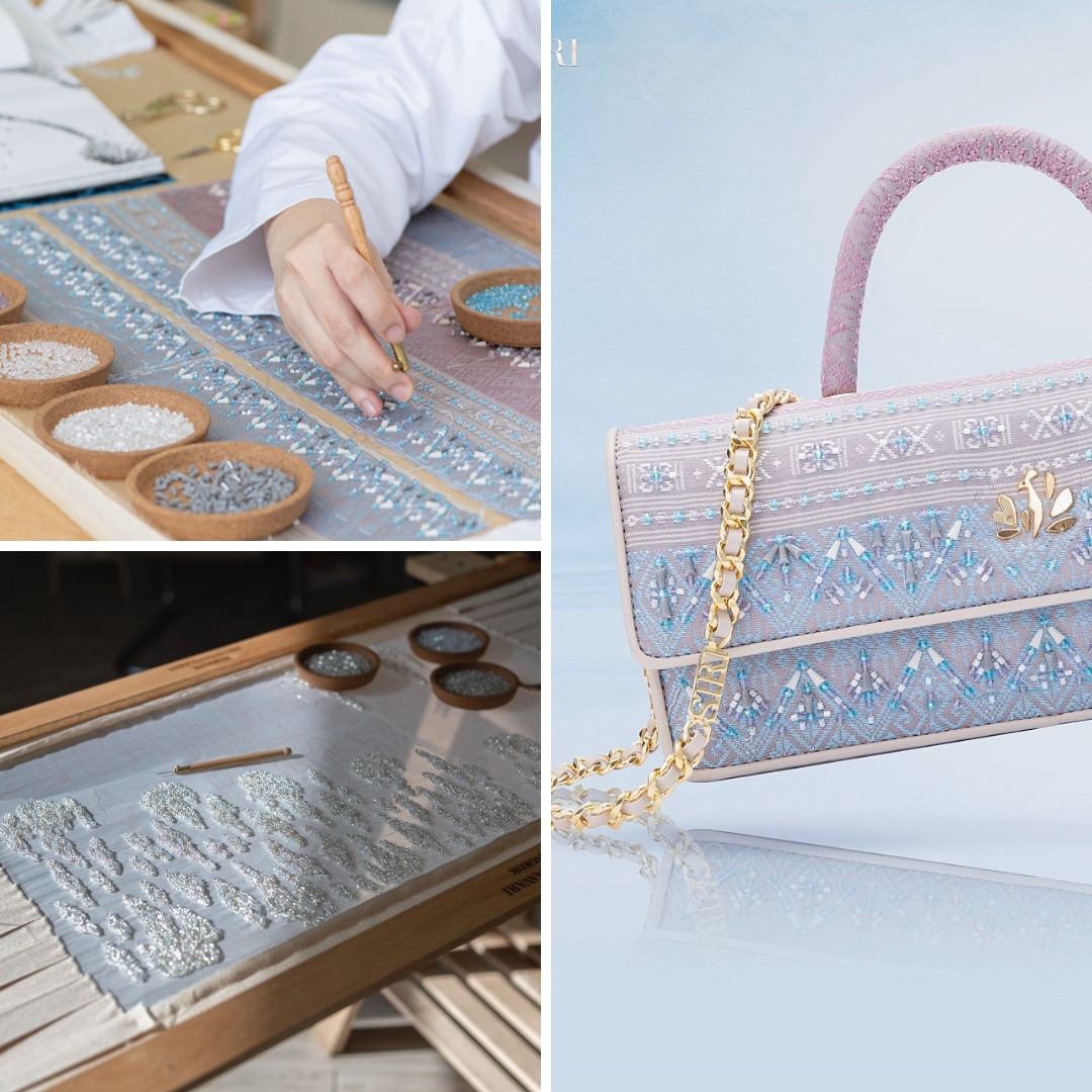 SIRIVANNAVARI S’Craft bag showing Lunéville embroidery with beads and crystals applied over patterned Thai silk.