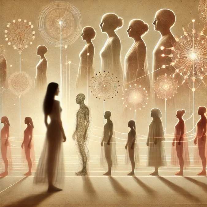 femme face à des silhouettes ancestrales révélant l’influence des blessures transgénérationnelles dans une relation de flamme jumelle