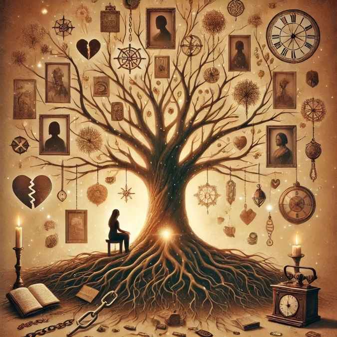 Illustration symbolique d’un arbre transgénérationnel avec racines profondes et objets représentant les transmissions familiales invisibles