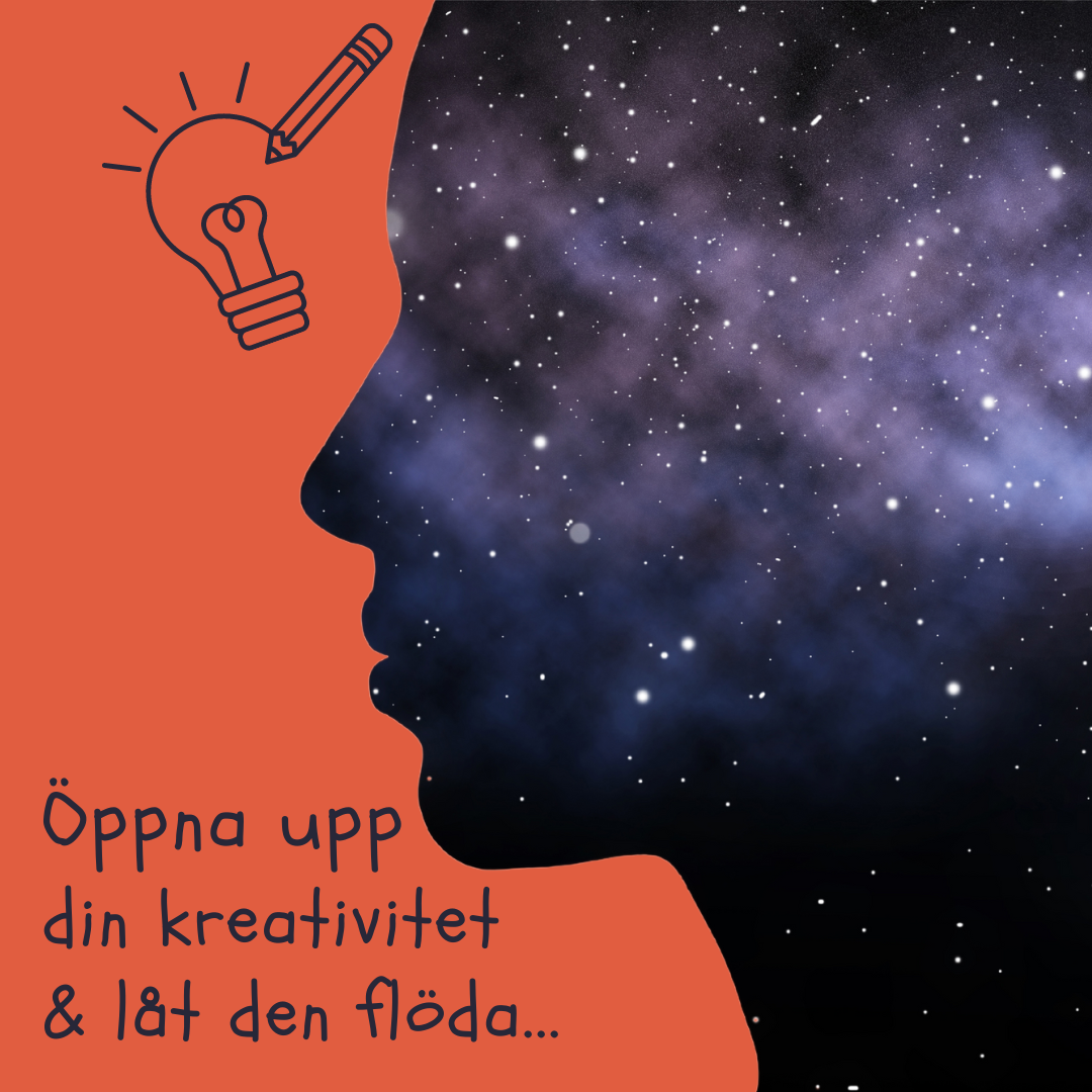 Illustration av huvud med stjärnhimmel och text om kreativitet och inspiration