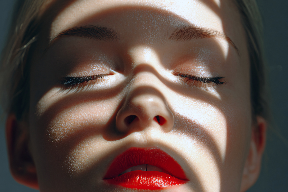 A close up of a woman's face, red lipstick, light rays shining on her face.