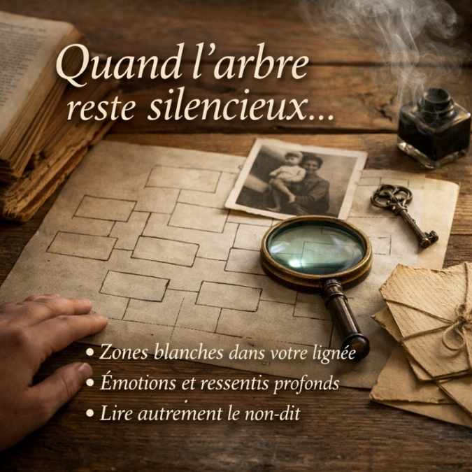 Silences dans un arbre transgénérationnel avec zones blanches, documents familiaux incomplets et lecture symbolique de l’histoire familiale