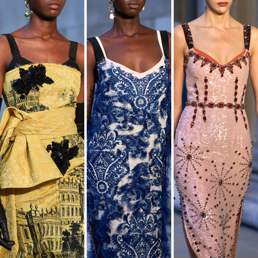 Three dresses from Erdem’s Spring/Summer 2024 collection: yellow gown printed with Chatsworth House and black beaded embellishment, a blue lace slip dress with feathered embroidery, and a pink sequin gown with ruby-tone crystal patterns. The collection honors the Duchess of Devonshire through ornate textile embellishment.