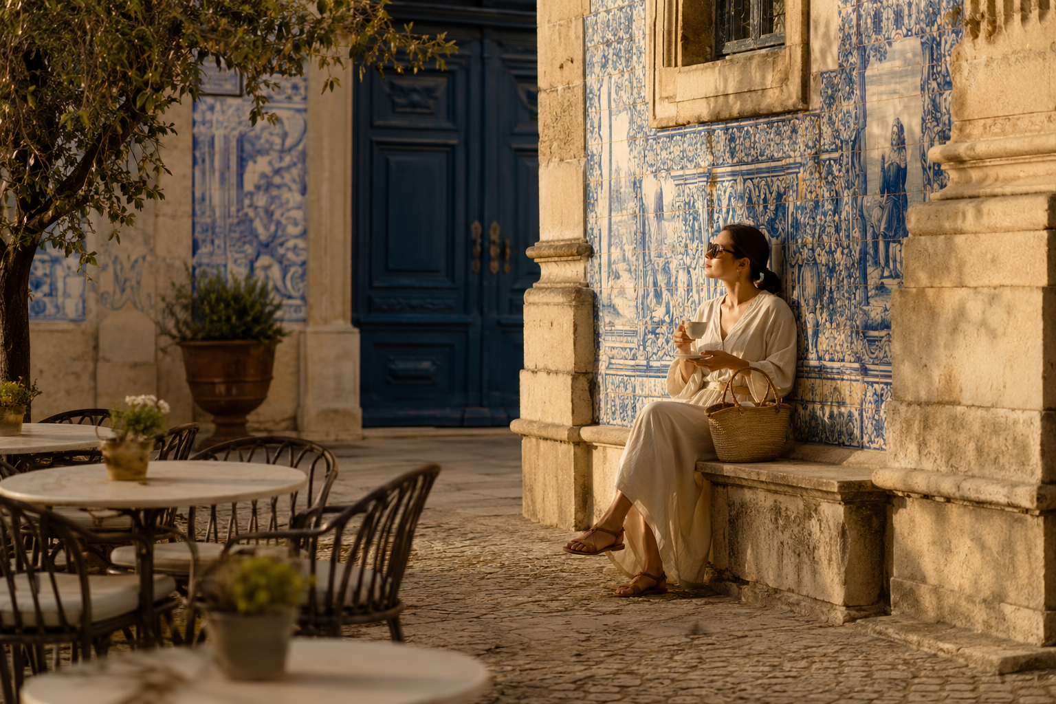 Portuguese coastal town with tiled buildings and a viewpoint over the water at golden hour