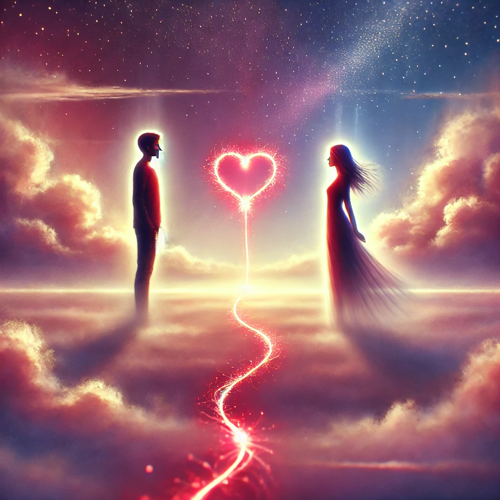 Image symbolique d’un homme et d’une femme séparés mais reliés par un cœur lumineux, illustrant un lien d’amour intemporel malgré la distance