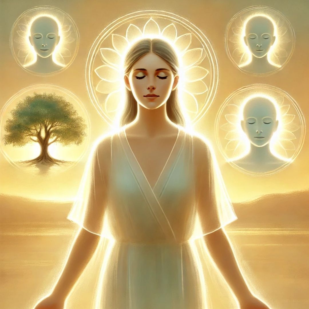 Femme sereine dans un paysage symbolique doré, entourée de figures ancestrales et d’un arbre, représentant la paix retrouvée après la libération transgénérationnelle.