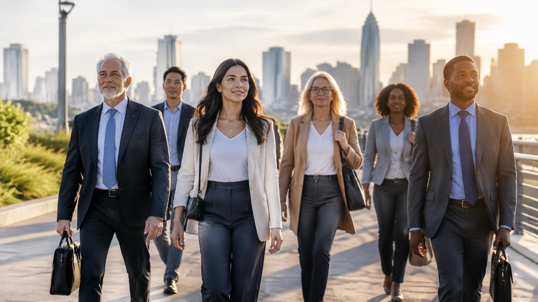 Diverse professionals of different ages walking together toward a city skyline in warm morning light, representing a career transition and a new professional chapter.