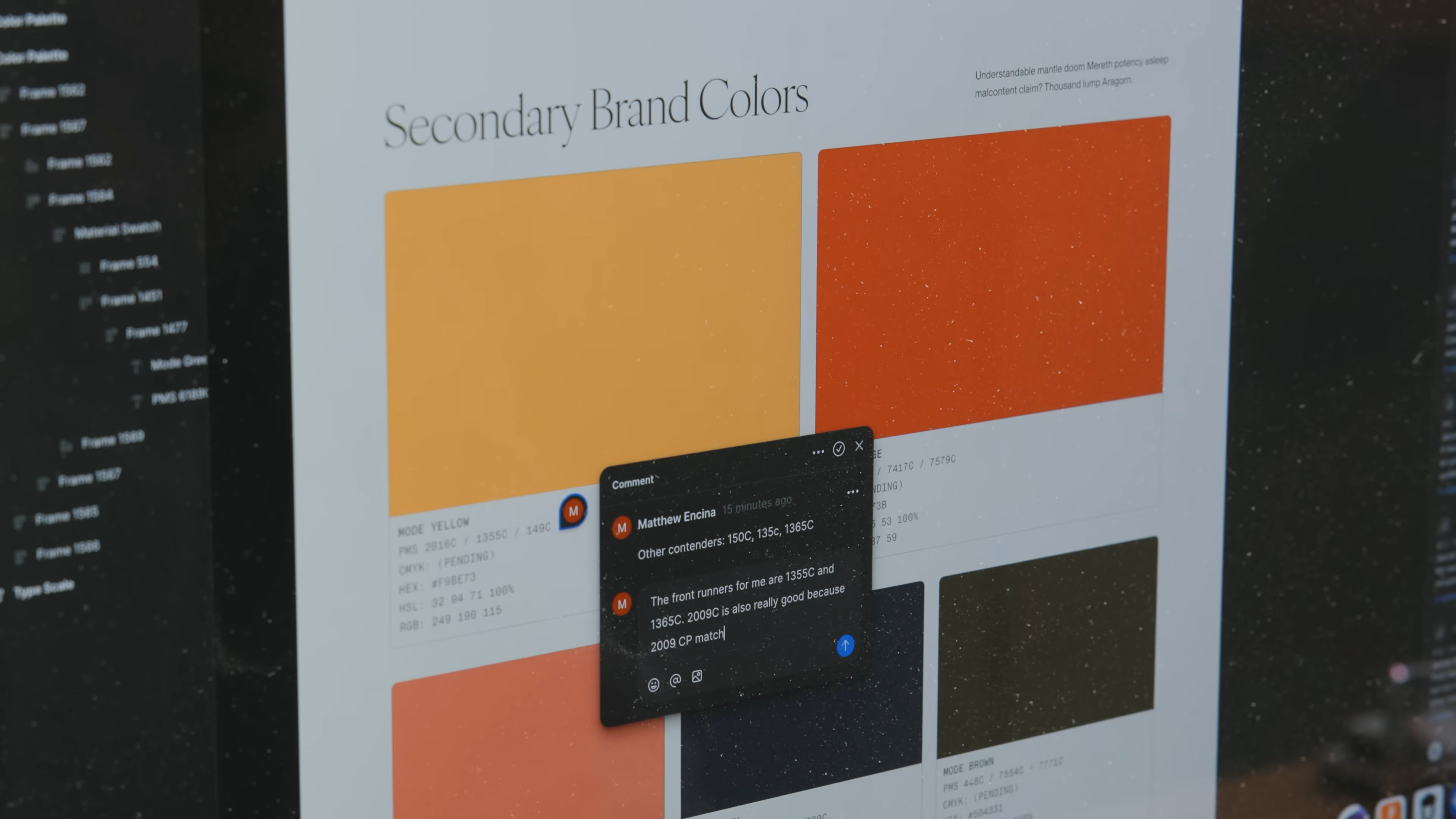 Close-up of secondary brand color palette options and designer feedback for Mode’s rebrand, including HEX, RGB, and PMS codes, from Matthew Encina’s branding video.