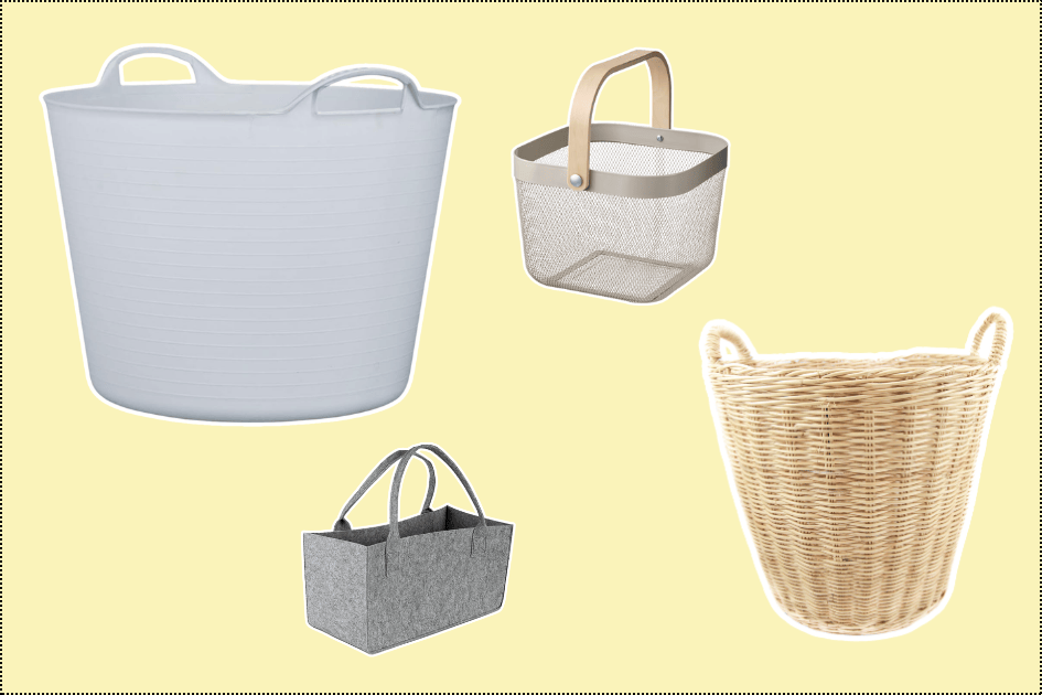 Panier “en transit” pour regrouper les objets à ranger ailleurs dans la maison : solution simple pour éviter que les objets nomades s’accumulent sur les meubles ou sur le sol.