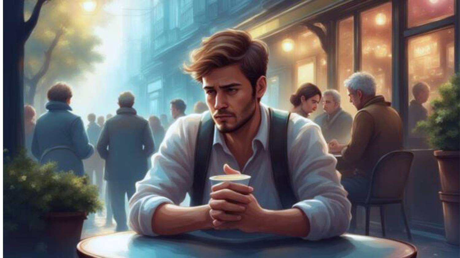 A person sitting alone at a café table, holding a cup with tense posture and a distant expression, surrounded by everyday activity, illustrating being anxious despite a normal environment.