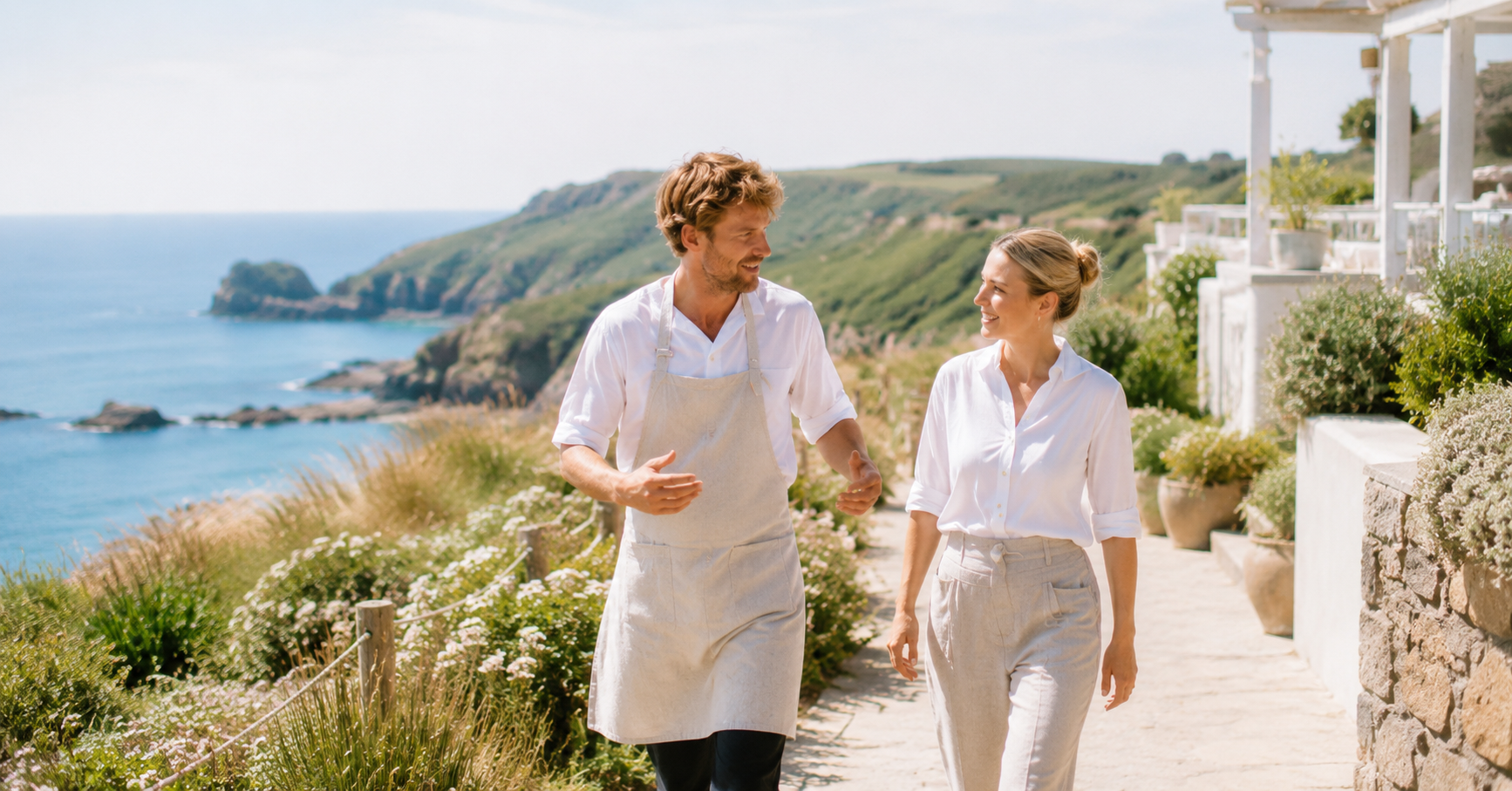 Editorial style photograph, landscape format, bright natural daylight, two hospitality professionals walking along a coastal hotel terrace or clifftop garden path, mid-conversation, relaxed and purposeful, both smiling. Pale palette: white, warm cream, sea blue sky, coastal green. One is gesturing slightly as they talk. Boutique outdoor hospitality setting, Cornwall or Devon coast. Shot on 35mm, airy and light. No phones, no screens, no text. Genuine not staged. The feeling is: a decision has been made and they're moving forward. Think sun-drenched, breezy, premium coastal hospitality.