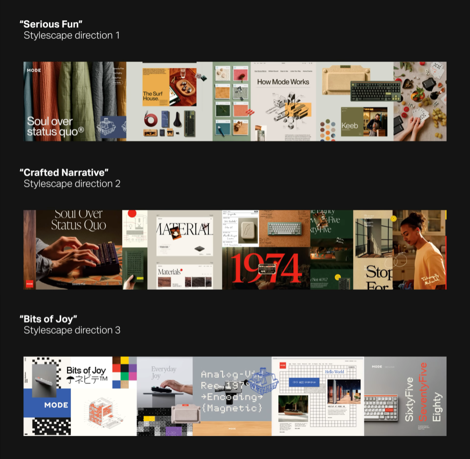 Three stylescape mood boards—Serious Fun, Crafted Narrative, and Bits of Joy—showing different visual directions for Mode’s rebrand in Matthew Encina’s branding process video.