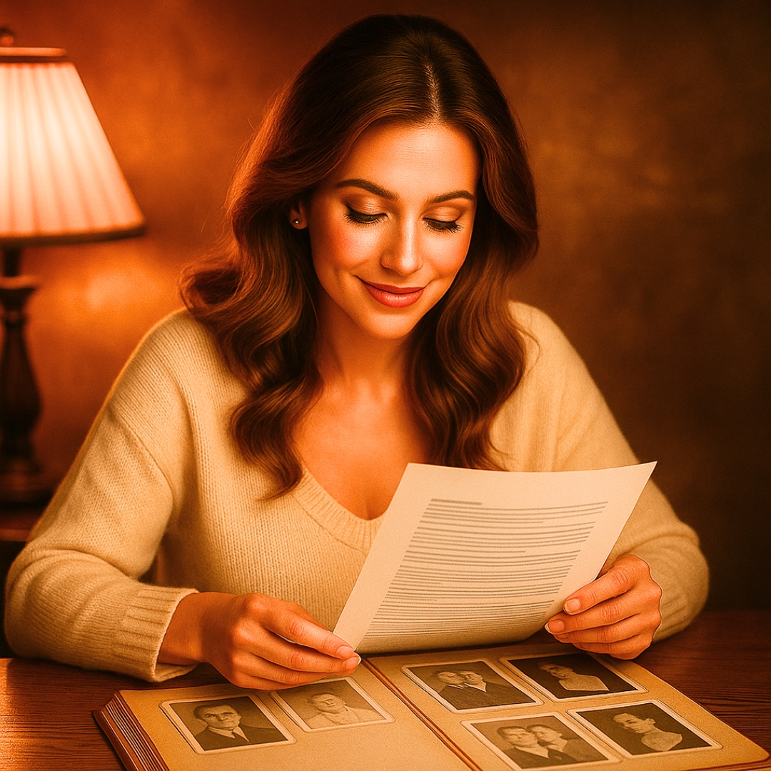 femme souriante lisant un rapport transgénérationnel, assise à une table avec un album photo familial dans une ambiance chaleureuse et tamisée
