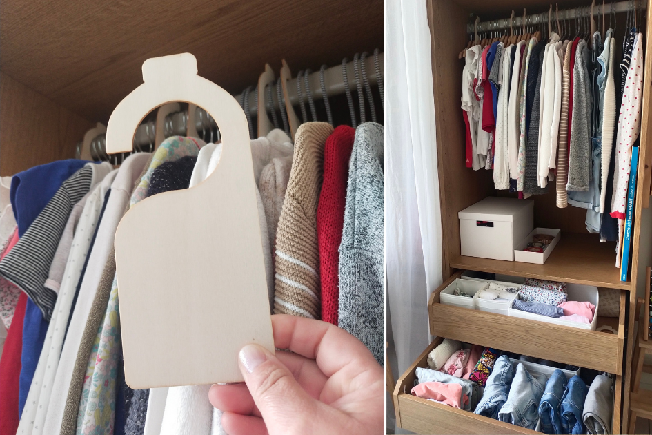 Dressing d’enfant avec vêtements suspendus et tiroirs organisés, illustrant un espace accessible pour favoriser l’autonomie dans le choix et le rangement des vêtements.