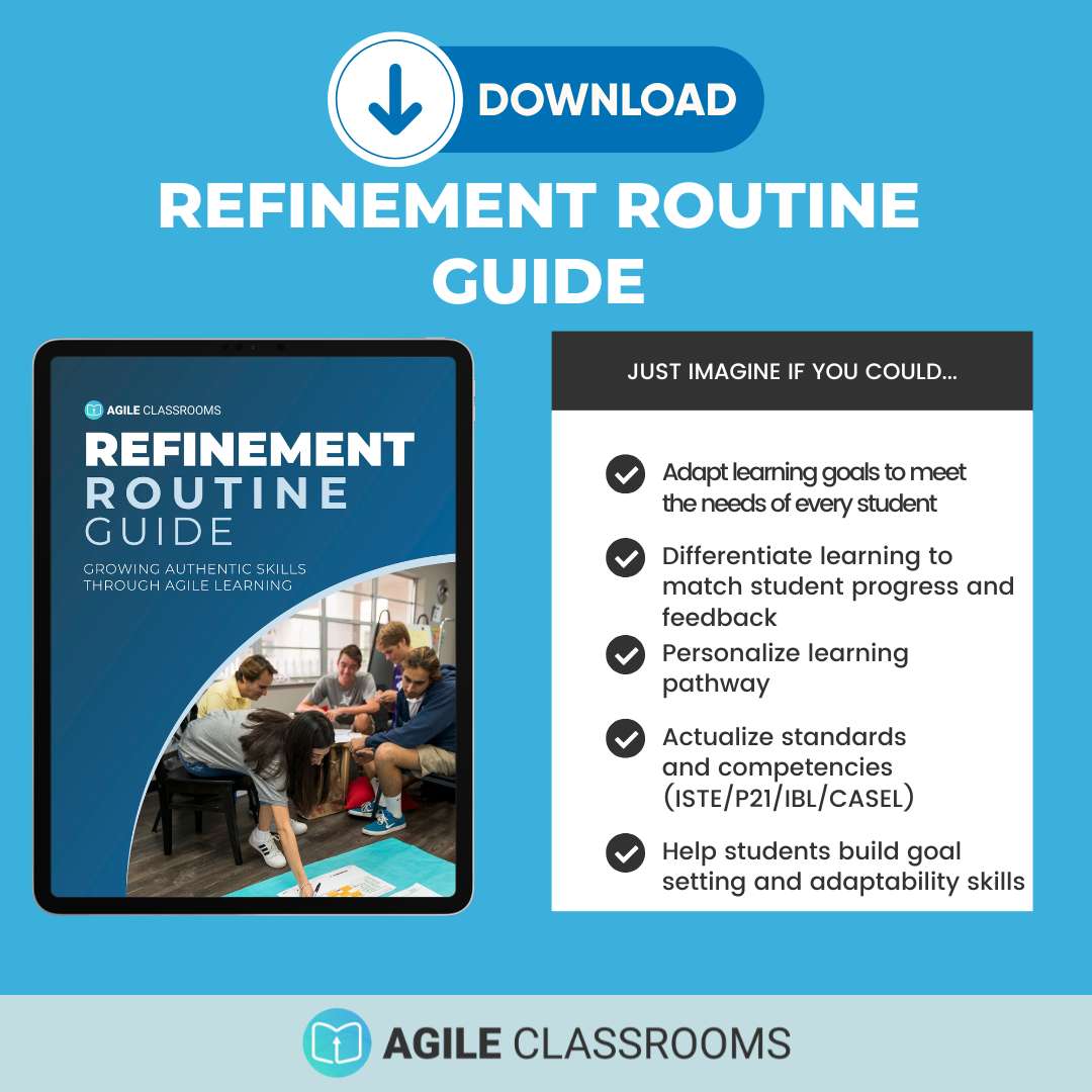 Promotional graphic for downloading the Refinement Routine Guide from Agile Classrooms. Features an image of the guide on a tablet, a call-to-action to download, and a list of benefits including personalized learning, student goal-setting, differentiation, and alignment with ISTE, P21, IBL, and CASEL standards.