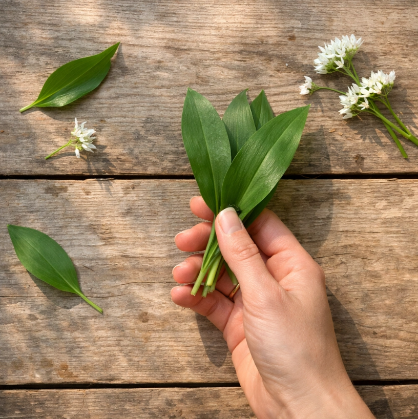 Fresh wild garlic leaves foraged in spring woodland, held on rustic wooden surface