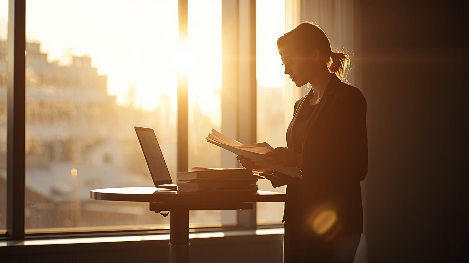 Professional reviewing compliance documents at desk