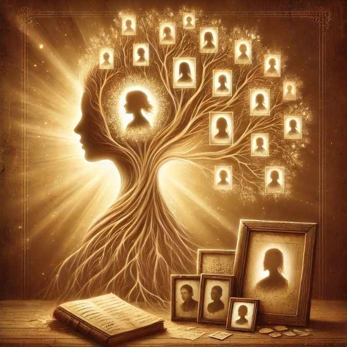 Silhouette féminine en profil avec un arbre de vie lumineux enraciné dans son corps, des portraits d’ancêtres intégrés dans les branches, symbolisant la mémoire transgénérationnelle des prénoms.