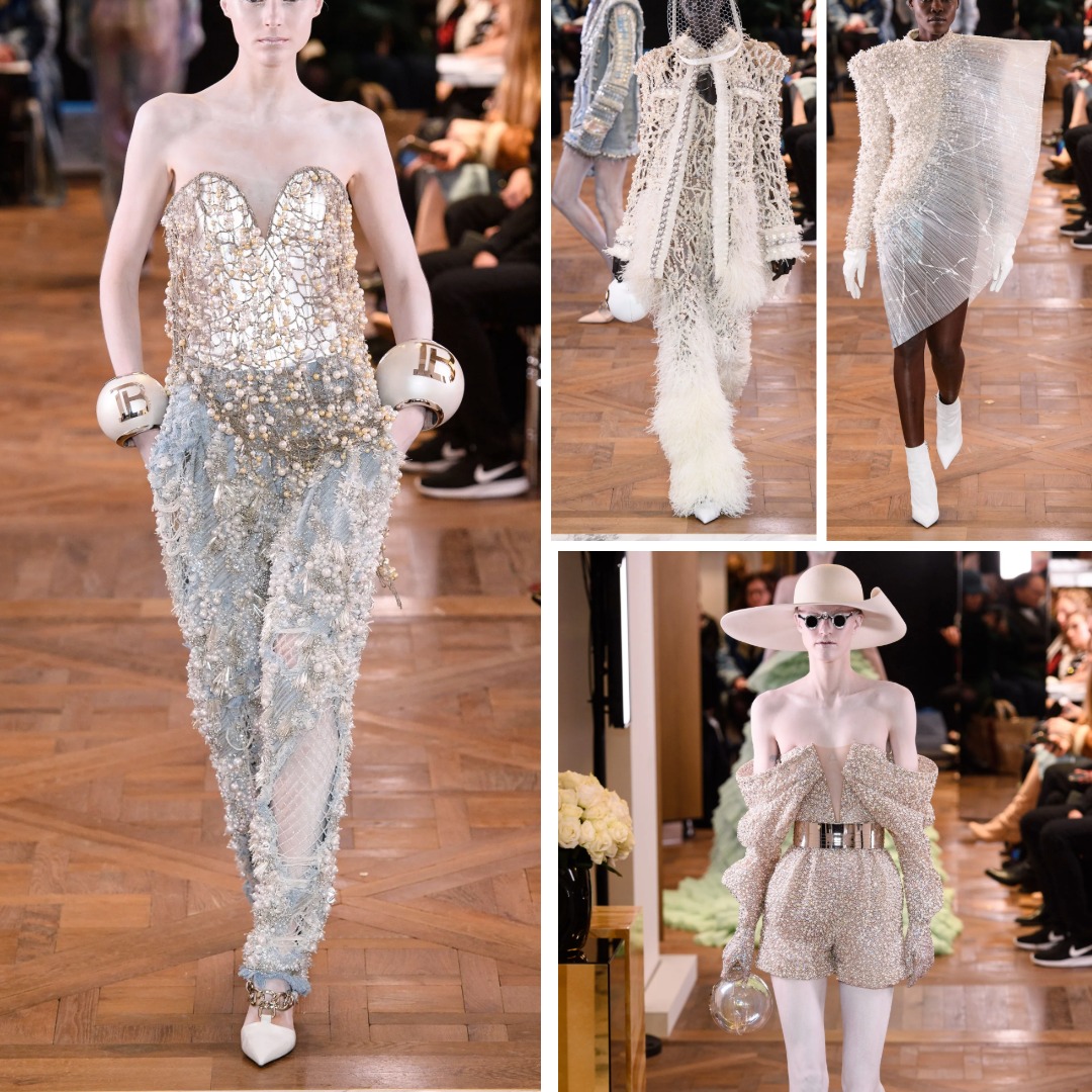 Collage of Balmain Spring 2019 Haute Couture looks by Olivier Rousteing, featuring pearl-textured jumpsuits, metallic draped dresses, and sculptural silhouettes with reflective fabrics and hand-applied embellishment.