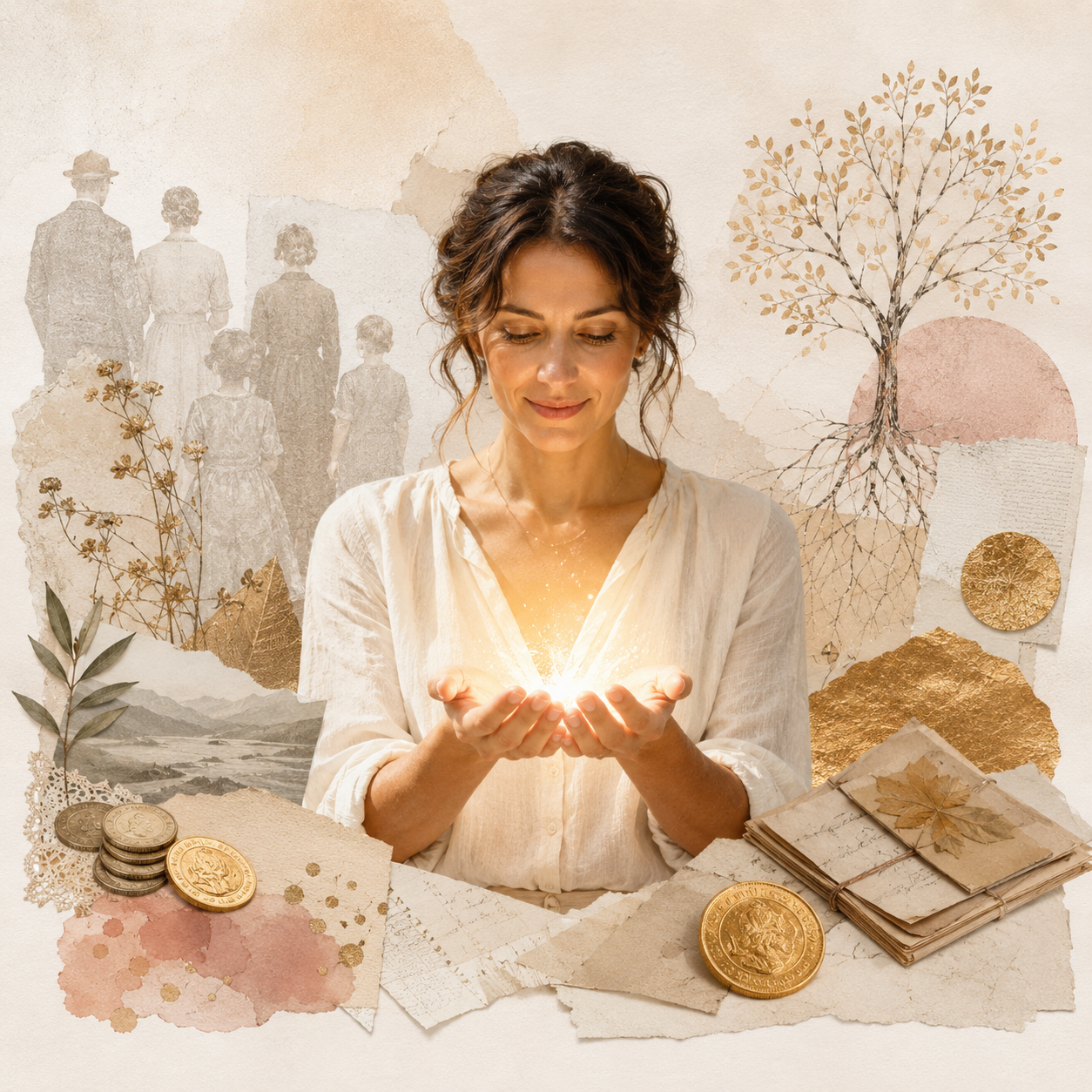 Femme recevant une lumière dorée dans les mains avec des pièces et des traces de lignée familiale pour illustrer la loyauté à la pauvreté et la peur de réussir