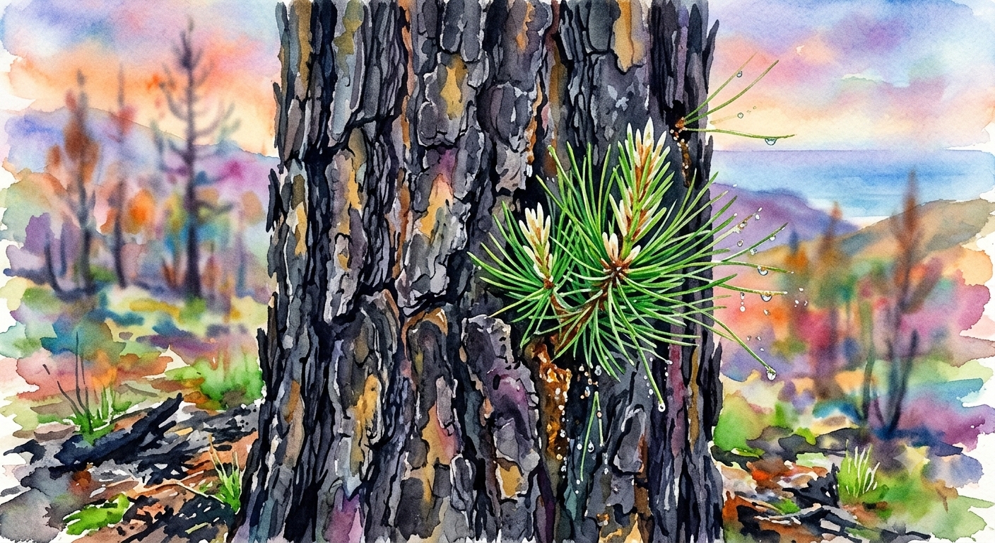 Een Canarische den (Pinus canariensis) die na een bosbrand weer uitloopt, als een fenix die uit zijn eigen as omhoog rijst.
