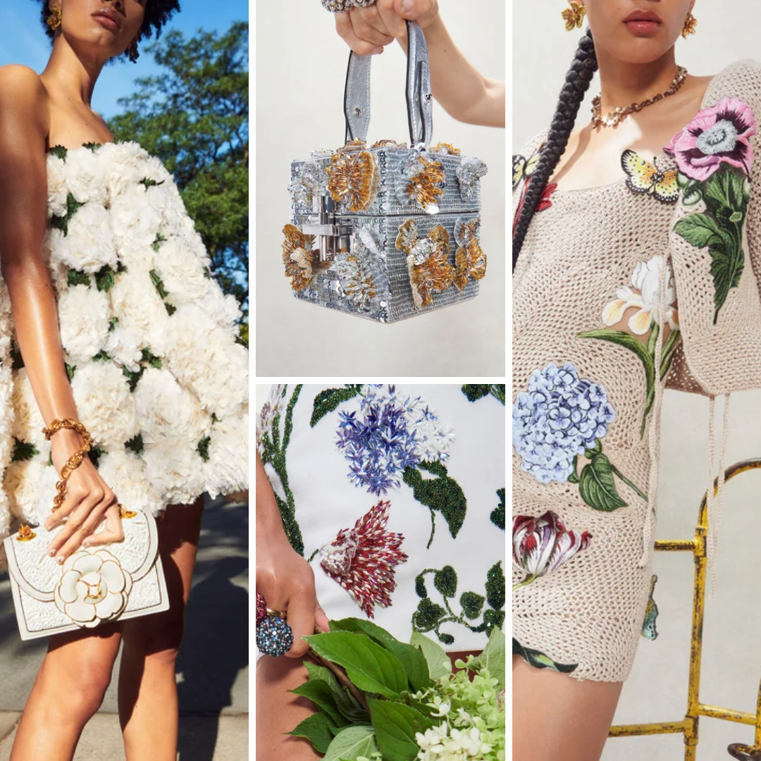 Collage of Oscar de la Renta Spring 2023 looks featuring dense floral beadwork, 3D appliqué, and organza layering.