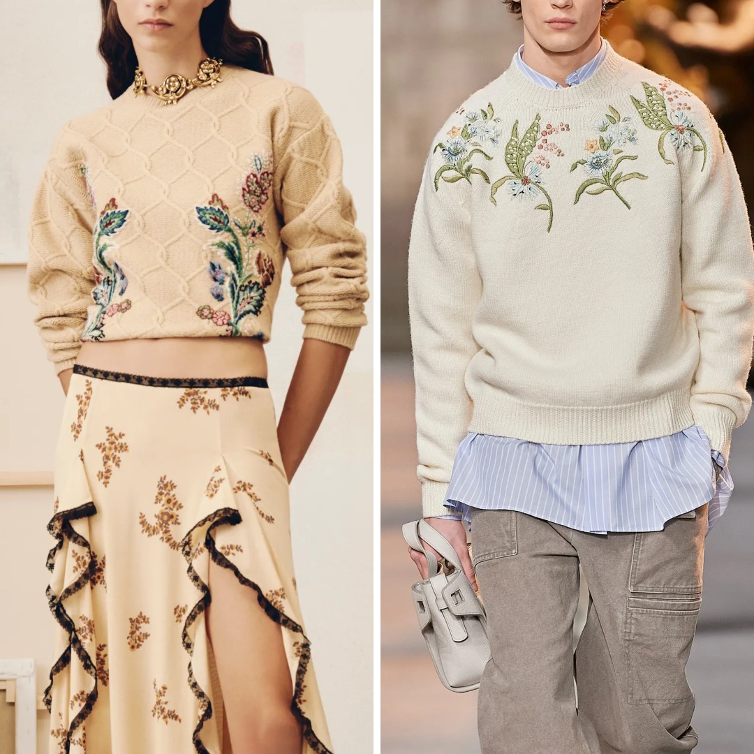Close-up of knit sweaters by Etro and Dior Men featuring floral embroidery stitched directly into the fabric. The motifs are spaced and built with directional stitches, allowing the knit to retain its movement without heavy distortion.