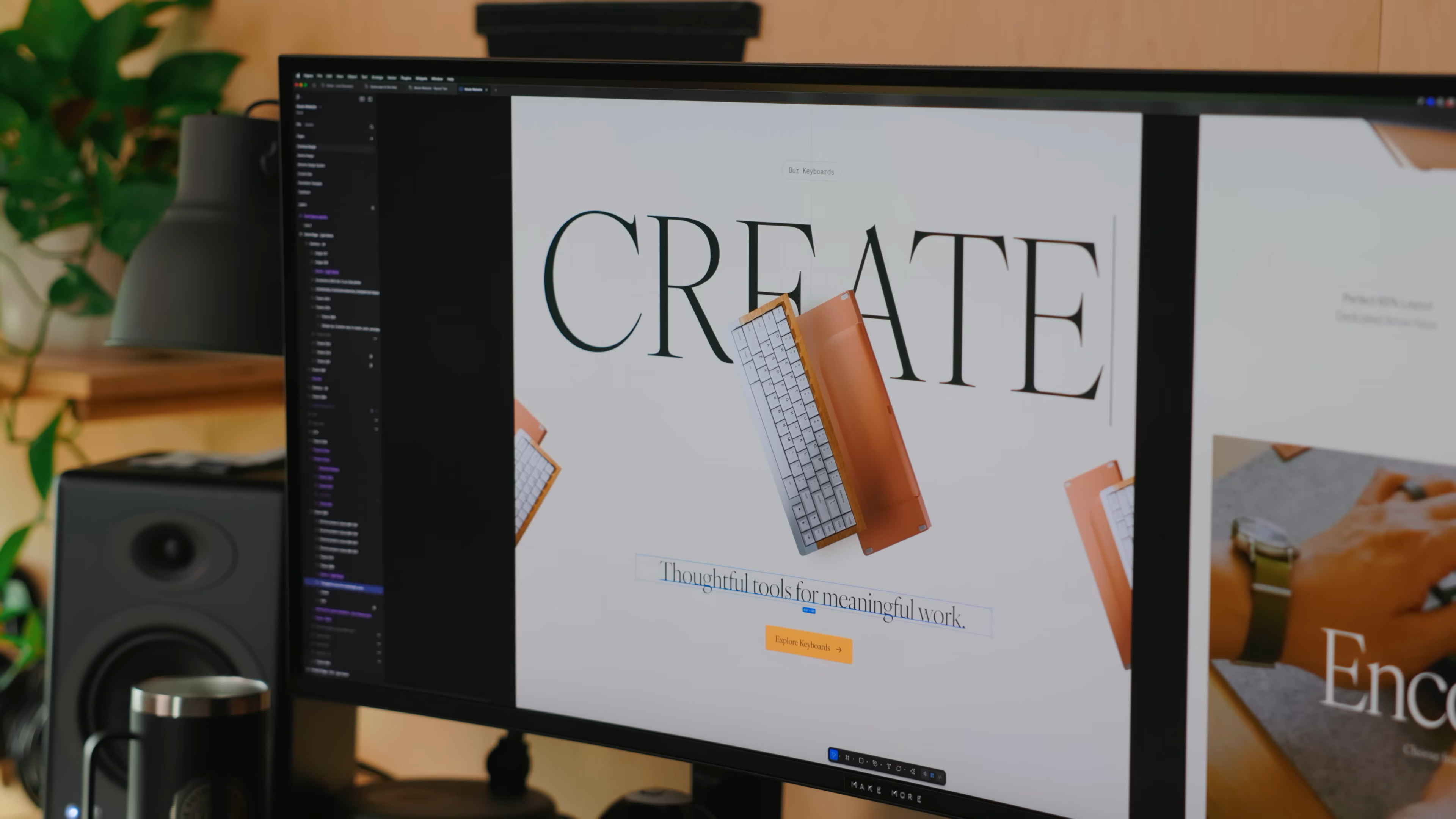 Screenshot from Matthew Encina’s Mode brand redesign video showing the “Create” messaging concept, with Mode keyboards and headline “Thoughtful tools for meaningful work” as part of the updated brand voice and website copy strategy.