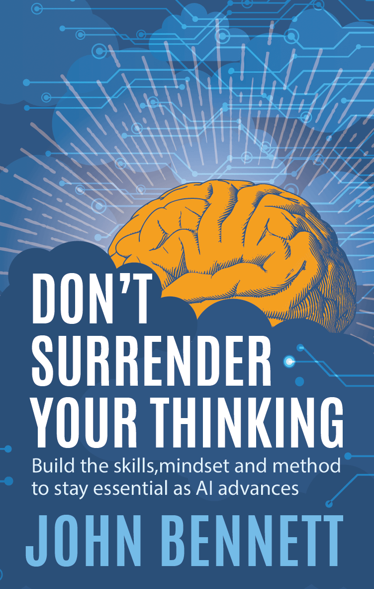 First version of the book cover for 'Don't Surrender Your Thinking'. Illustration shows an orange brain drawn with fine etched lines and an organic, rounded shape, shining through dark blue clouds against a digital network sky, symbolising human thinking illuminating AI.