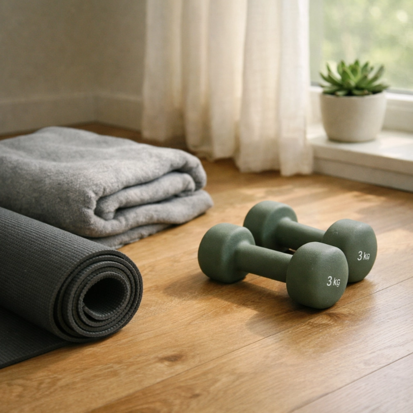 Home exercise equipment including yoga mat and dumbbells for resistance training and metabolic health