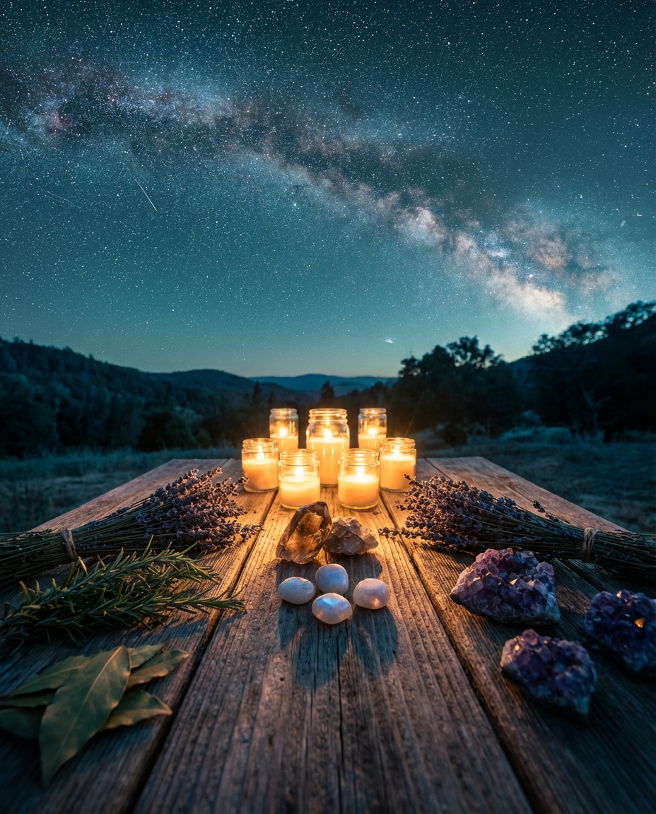 A cozy New Moon altar with glowing candles, crystals, and fresh herbs resting on a wooden table under a wide, starry night sky.