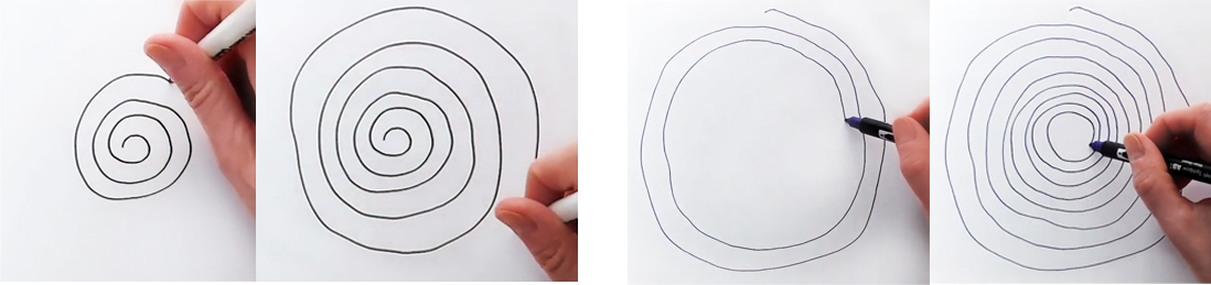 Examples of drawing an outward expanding spiral (left) and inward contracting spiral (right)