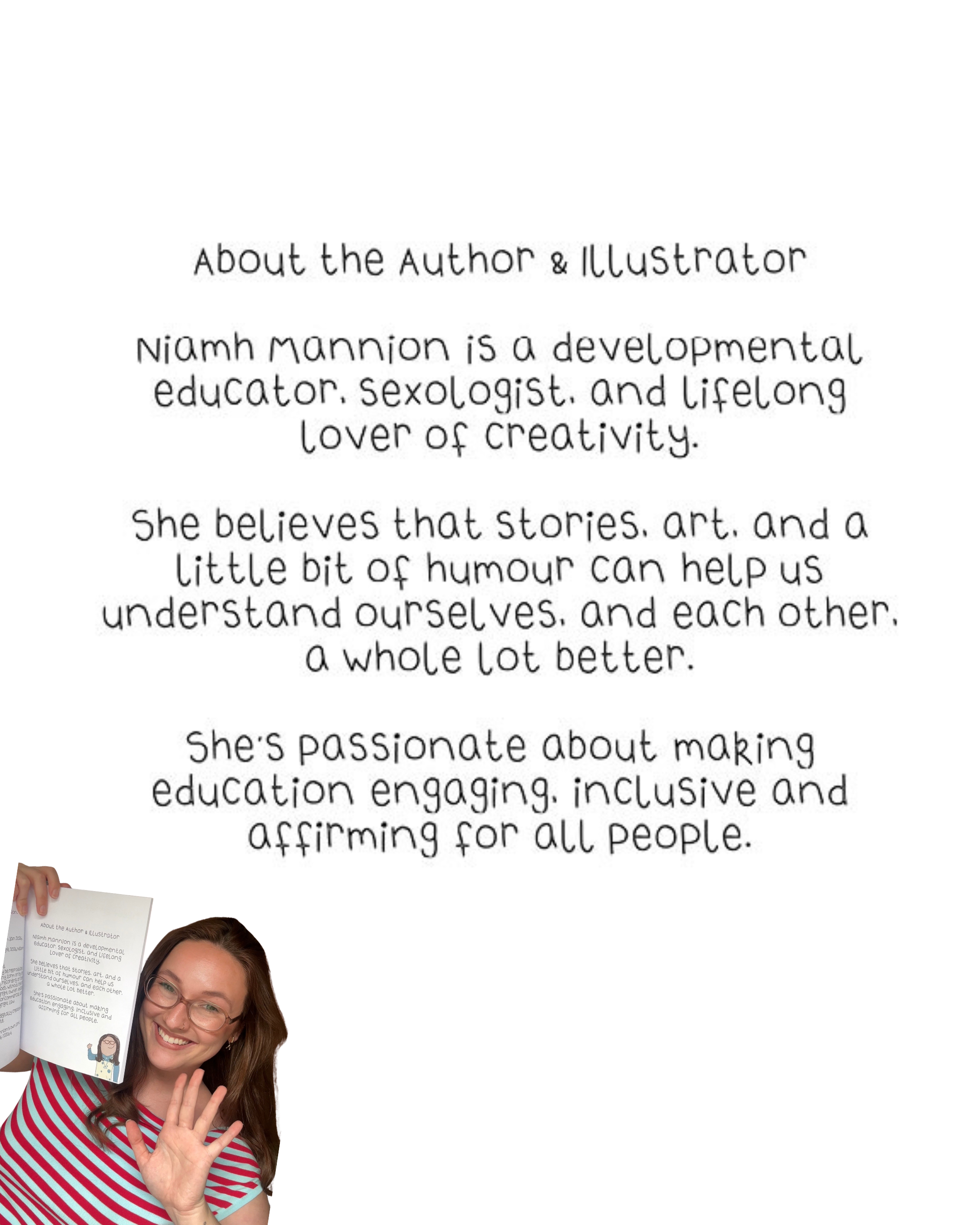 about the author text and image of niamh in a striped top waving and smiling