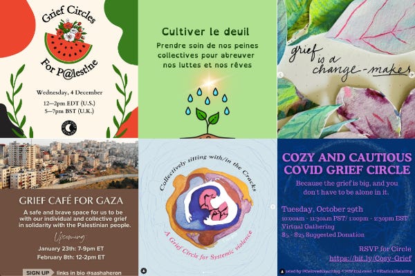 Mosaïque qui rassemble les six affiches des différents cercles de deuil collectif que je liste dans le paragraphe précédent.