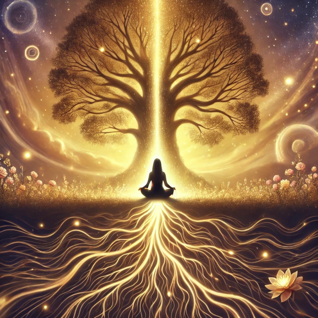 Une femme en méditation au pied d’un arbre, tandis que les énergies sombres des racines se transforment en lumière dorée – une représentation symbolique de la libération émotionnelle et de la transformation transgénérationnelle.