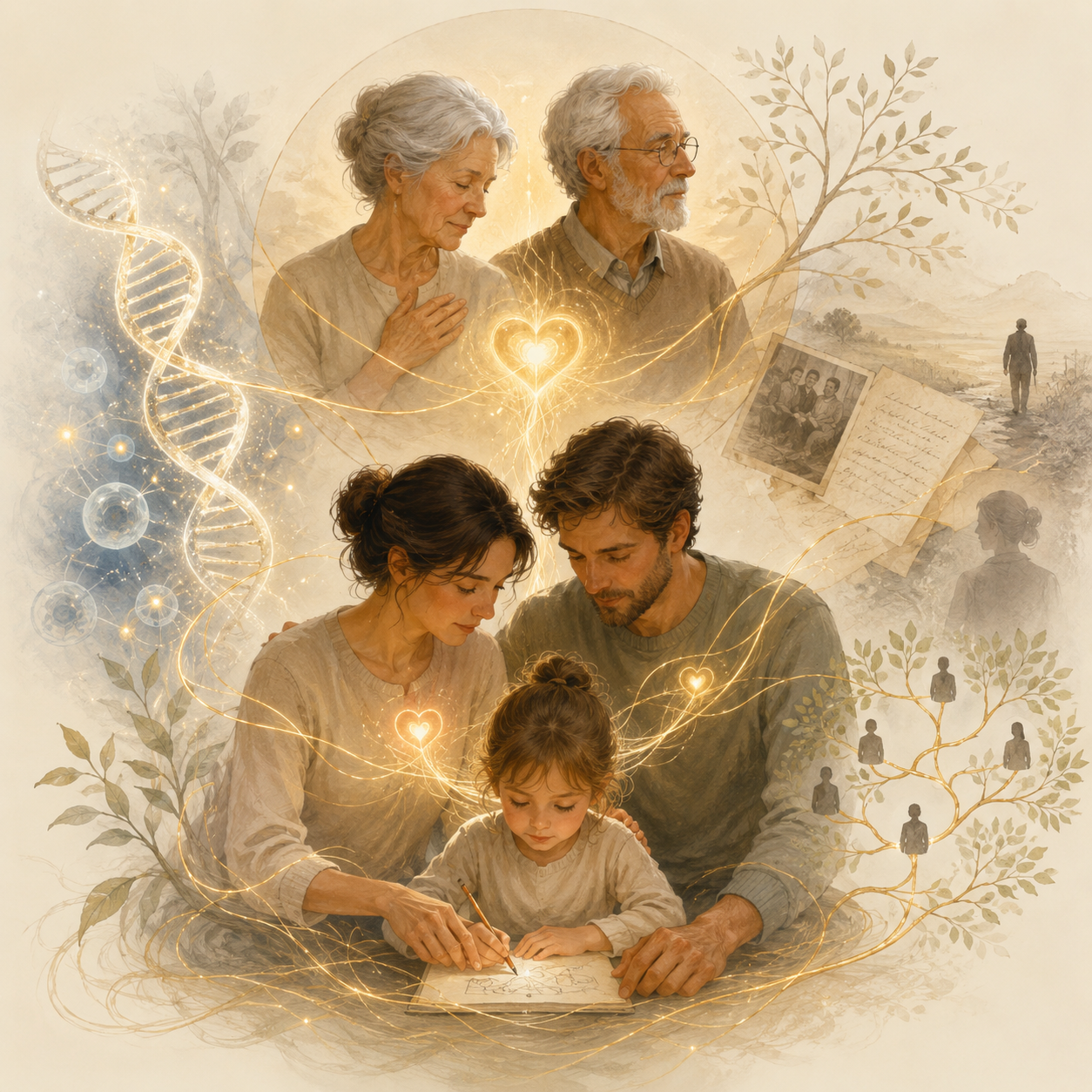 Schéma symbolique d’une famille sur plusieurs générations montrant les différentes formes de transmission des traumatismes entre biologie, émotions et histoire familiale