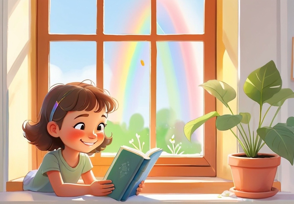 Child learning how to make a tiny rainbow with a glass of water