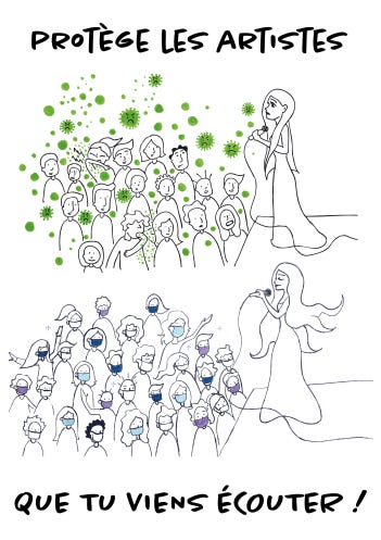 Affiche réalisée par Phytocène et illustration de Elina (@ luem_ry sur insta). Texte: protège les artistes que tu viens écouter, en noir sur fond blanc. Deux dessins l’un au-dessus de l’autre: une foule non masquée devant l’artiste sur scène où on voit des virus se répandre dans l’air, et une foule masquée avec l’artiste qui sourit.