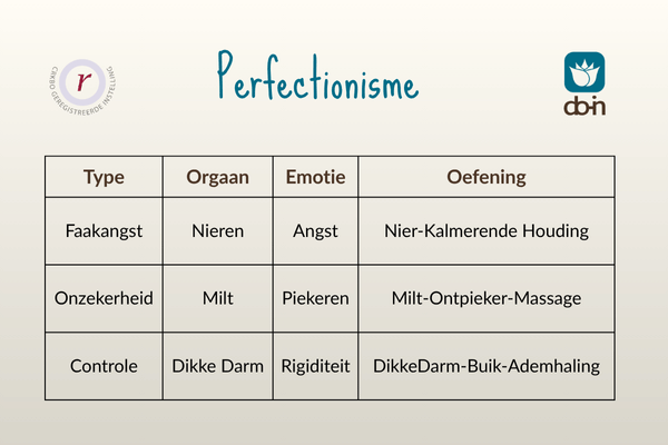 Vergelijking van perfectionisme-types volgens TCG: nieren (angst), milt (onzekerheid), dikke darm (controle)