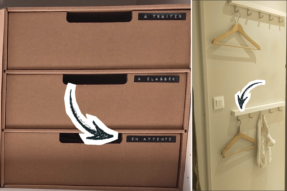 Boîtes étiquetées pour papiers à traiter et patères murales pour suspendre vêtements déjà portés et objets du quotidien.